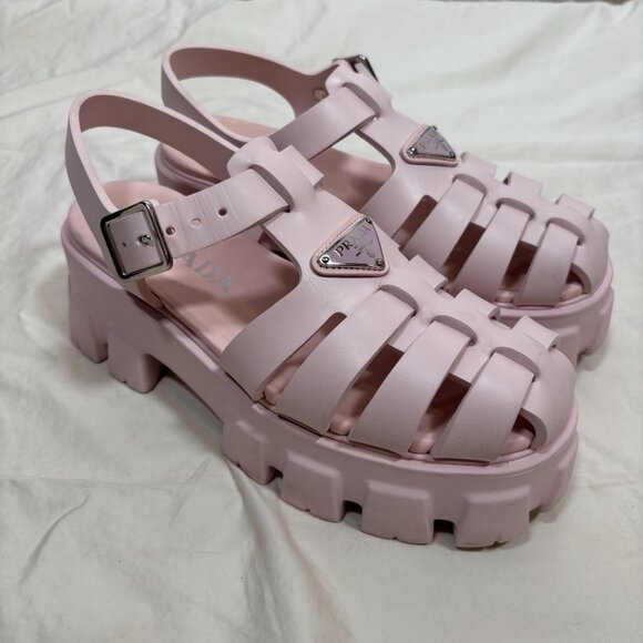 Prada Womens Monolith Rubber Cage Sandals Baby Pink Platform Slingback Size 38 - Picture 1 of 10